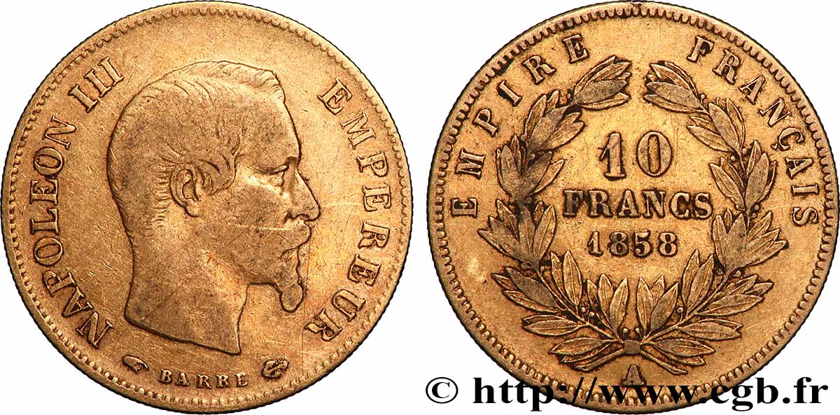 10 francs or Napoléon III, tête nue, grand module 1858 Paris F.506/5 BC