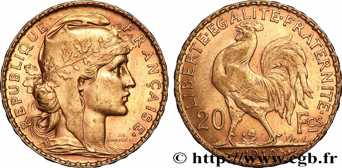 20 francs or Coq, Liberté Égalité Fraternité 1910 Paris F.535/4 MBC+