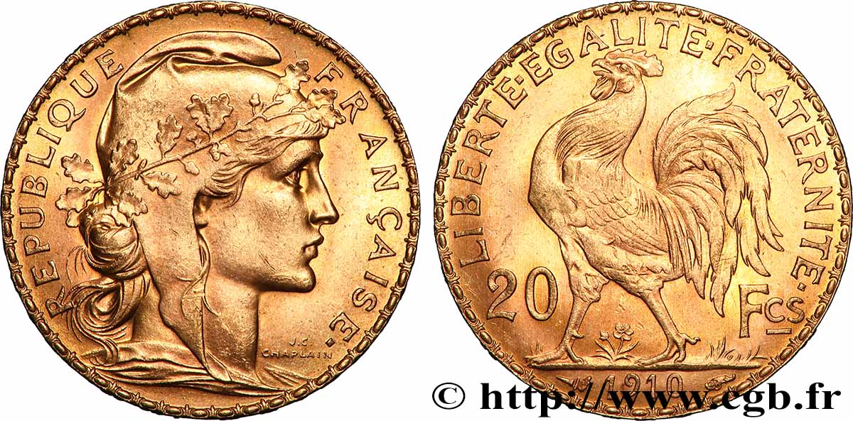 20 francs or Coq, Liberté Égalité Fraternité 1910 Paris F.535/4 AU
