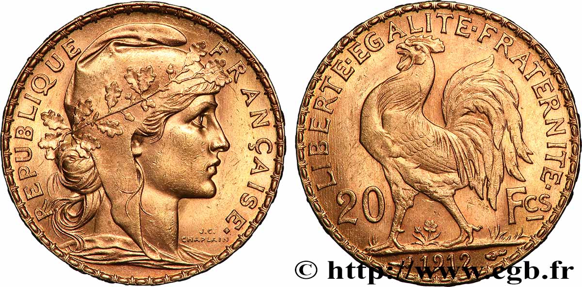 20 francs or Coq, Liberté Égalité Fraternité 1912 Paris F.535/6 AU