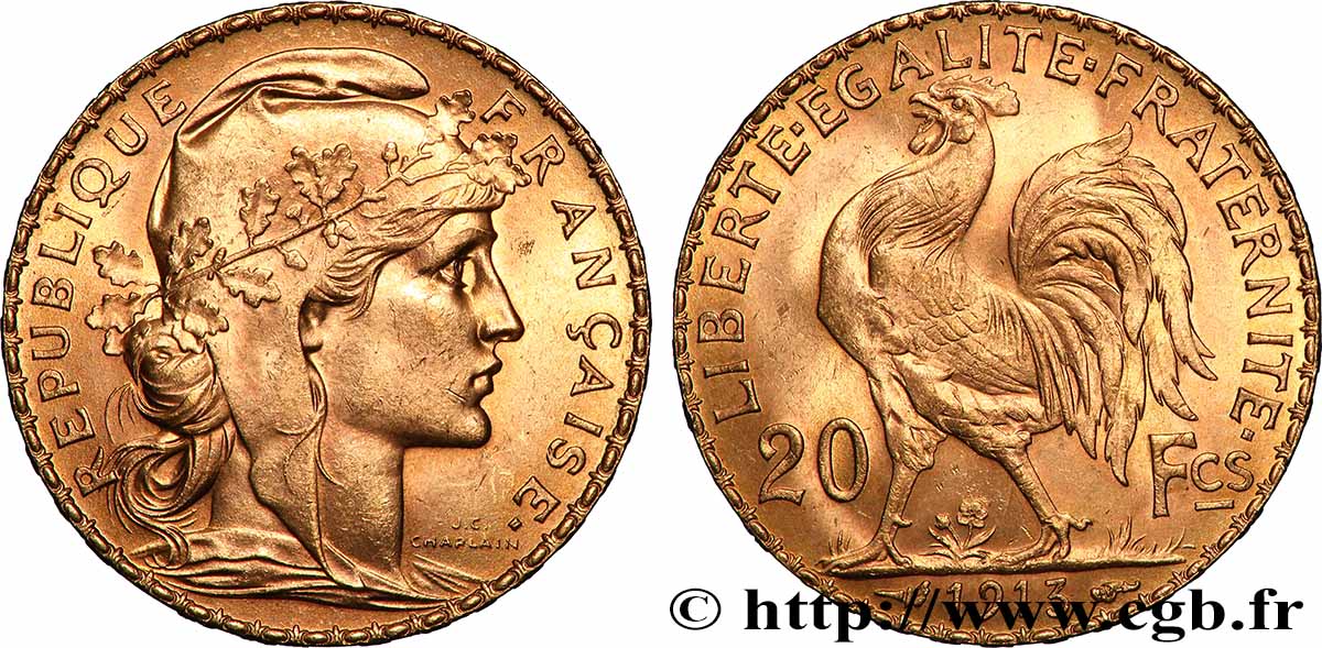 20 francs or Coq, Liberté Égalité Fraternité 1913 Paris F.535/7 q.SPL