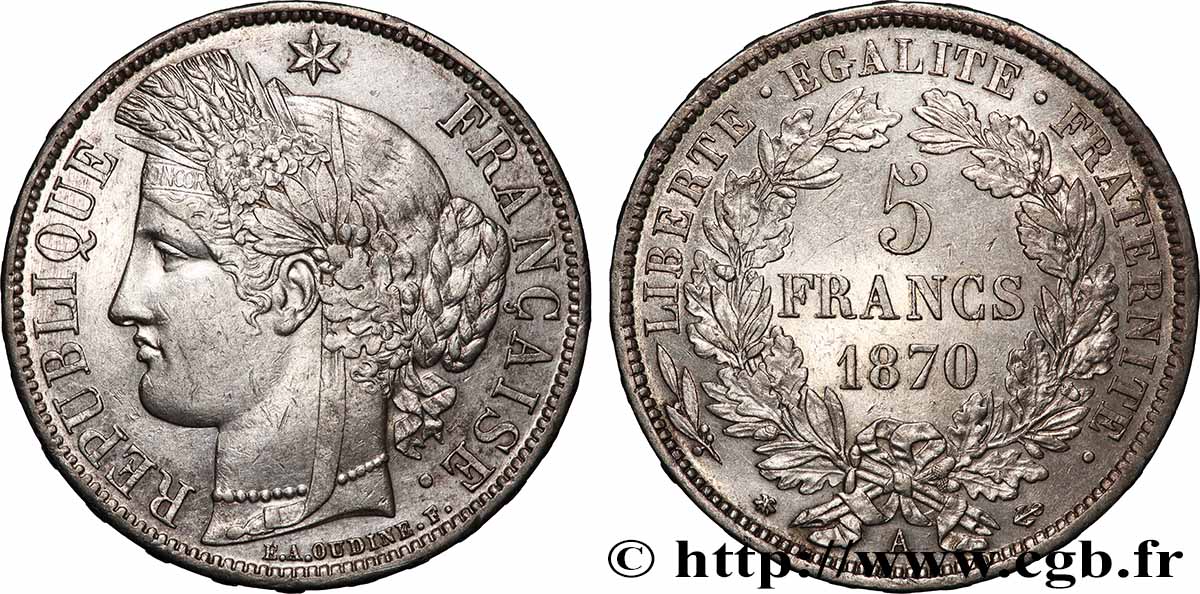 5 francs Cérès, avec légende 1870 Paris F.333/1 AU