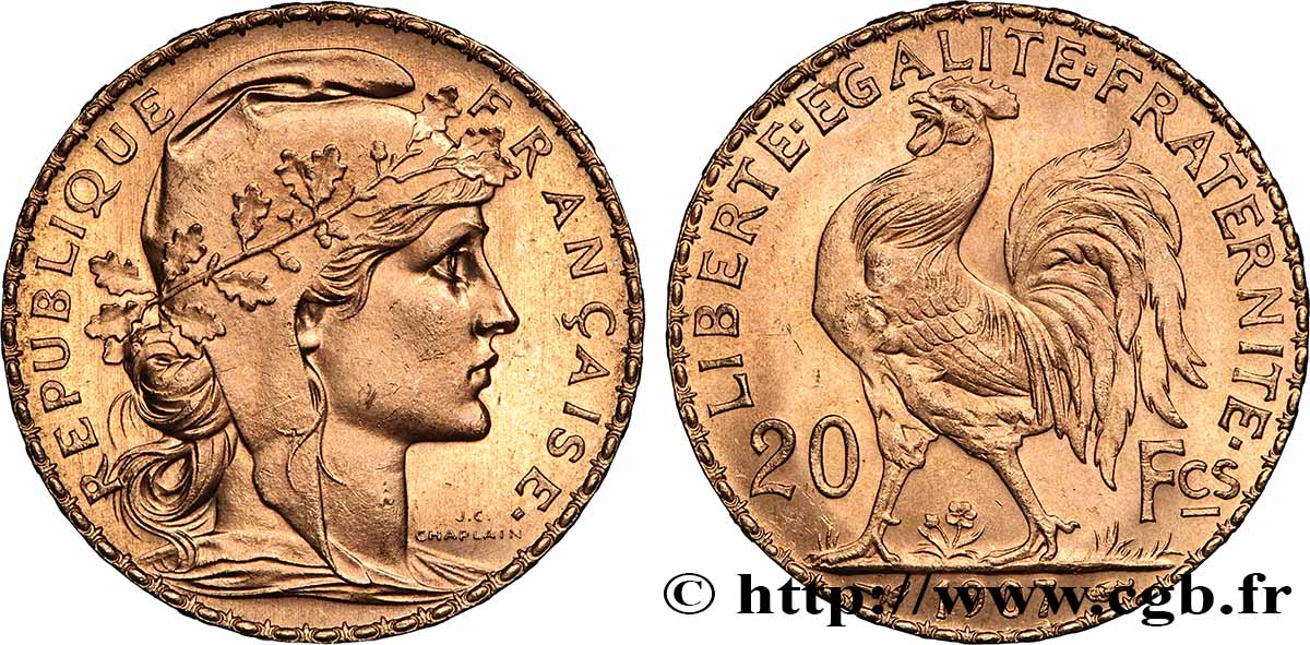 20 francs or Coq, Liberté Égalité Fraternité 1907 Paris F.535/1 AU