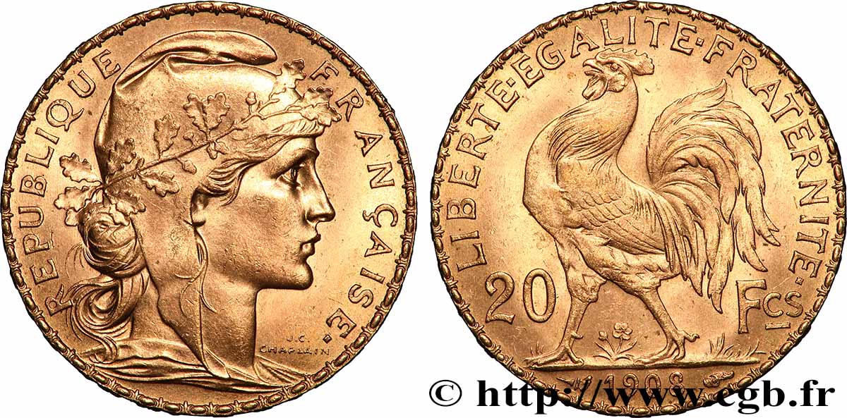 20 francs or Coq, Liberté Égalité Fraternité 1908 Paris F.535/2 AU