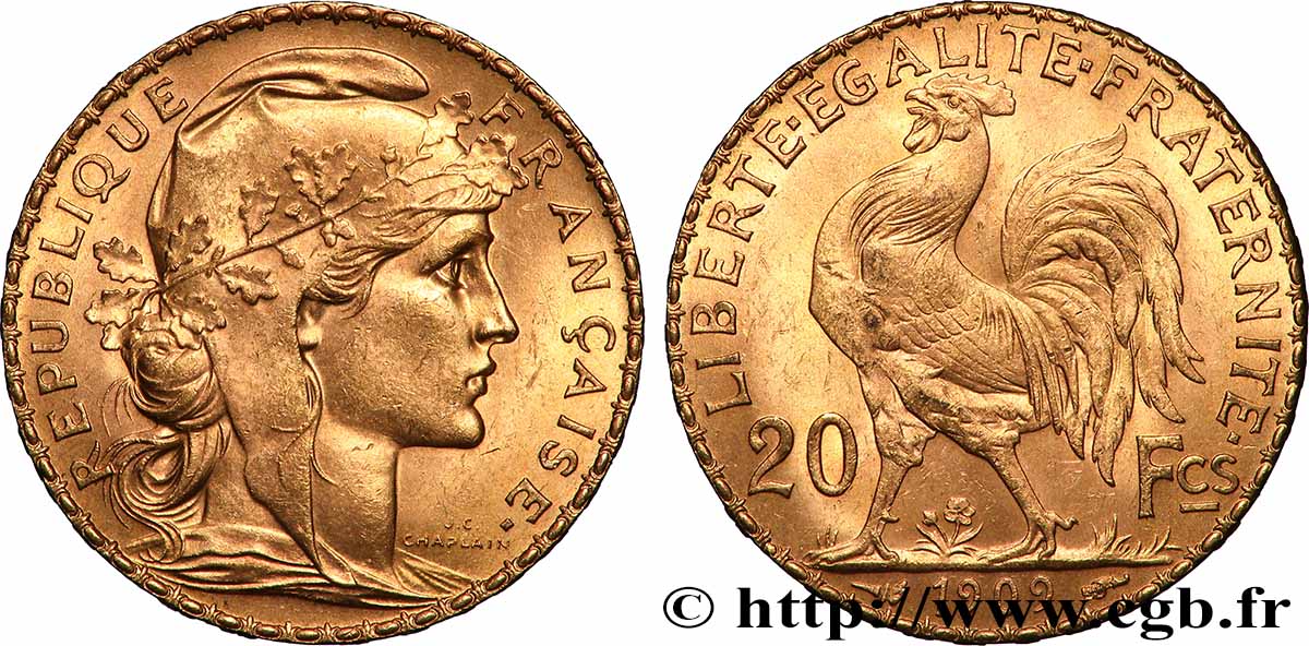 20 francs or Coq, Liberté Égalité Fraternité 1909 Paris F.535/3 AU