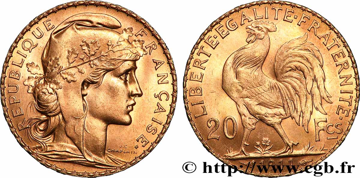 20 francs or Coq, Liberté Égalité Fraternité 1911 Paris F.535/5 SPL