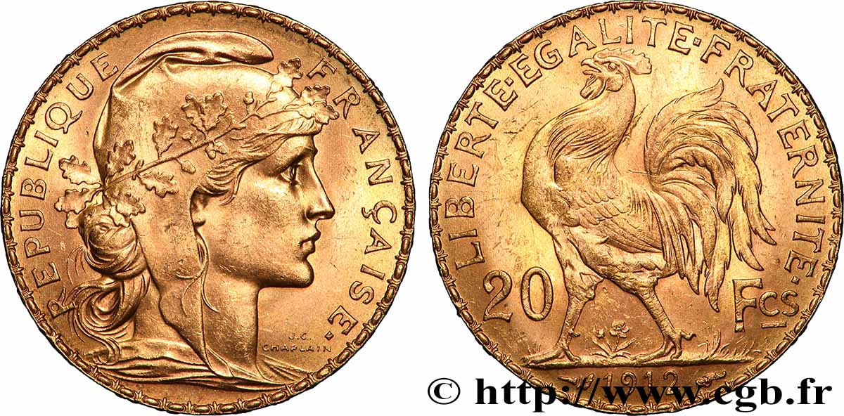 20 francs or Coq, Liberté Égalité Fraternité 1912 Paris F.535/6 SPL