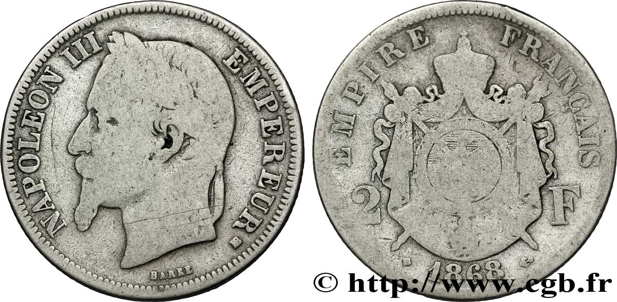 2 francs Napoléon III, tête laurée 1868 Strasbourg F.263/9 VG8 