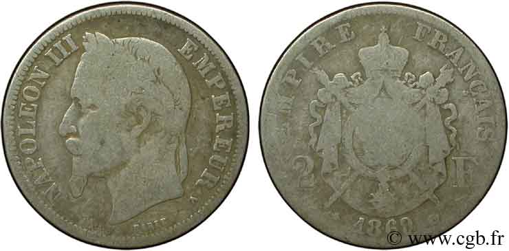 2 francs Napoléon III, tête laurée 1869 Paris F.263/10 VG8 