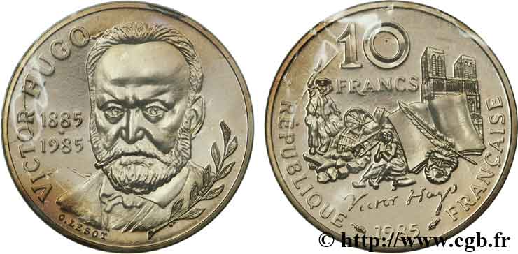 Piéfort Cu-Ni de 10 francs Victor Hugo 1985 Pessac F.370/2P MS70