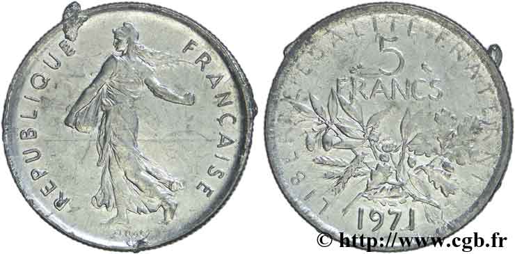 Faux de 5 francs Semeuse, nickel, désaxé 1971 Paris F.341/3 var. SUP58