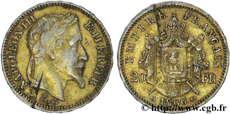 Faux de 20 francs or Napoléon III en platine 1866 Paris F.532/14 var. TTB40 
