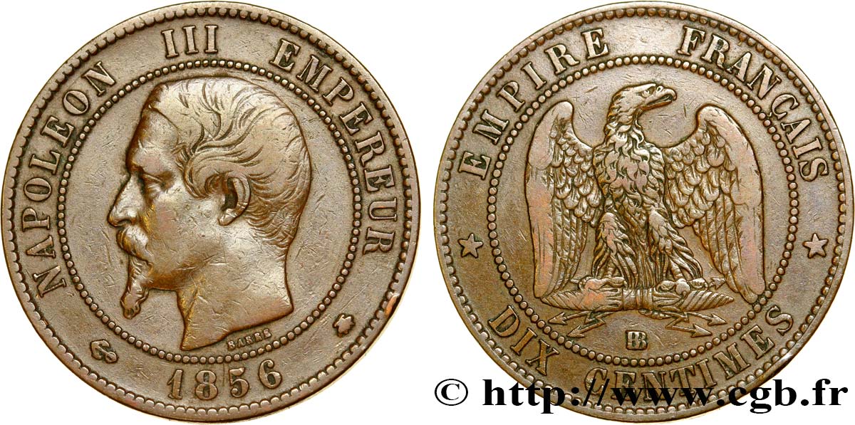 Dix centimes Napoléon III, tête nue 1856 Strasbourg F.133/36 XF42 