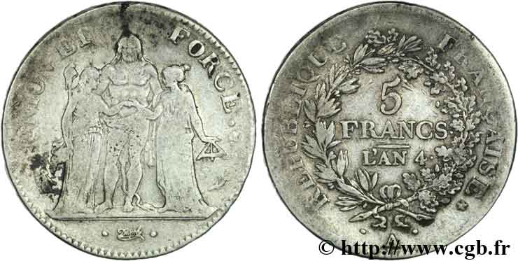 5 francs Union et Force, Union serré, avec glands intérieurs et gland extérieur 1796 Paris F.288/2 TB18