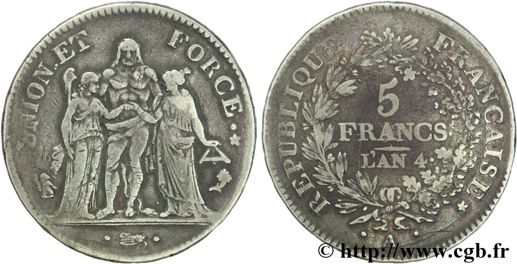5 francs Union et Force, Union serré, avec glands intérieurs et gland extérieur 1796 Paris F.288/2 TTB48