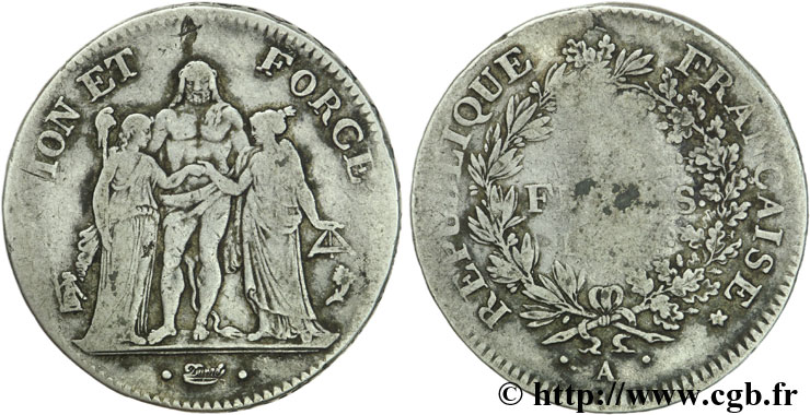 5 francs Union et Force, Union serré, avec glands, listel par virole 1796 Paris F.287/1 TB18