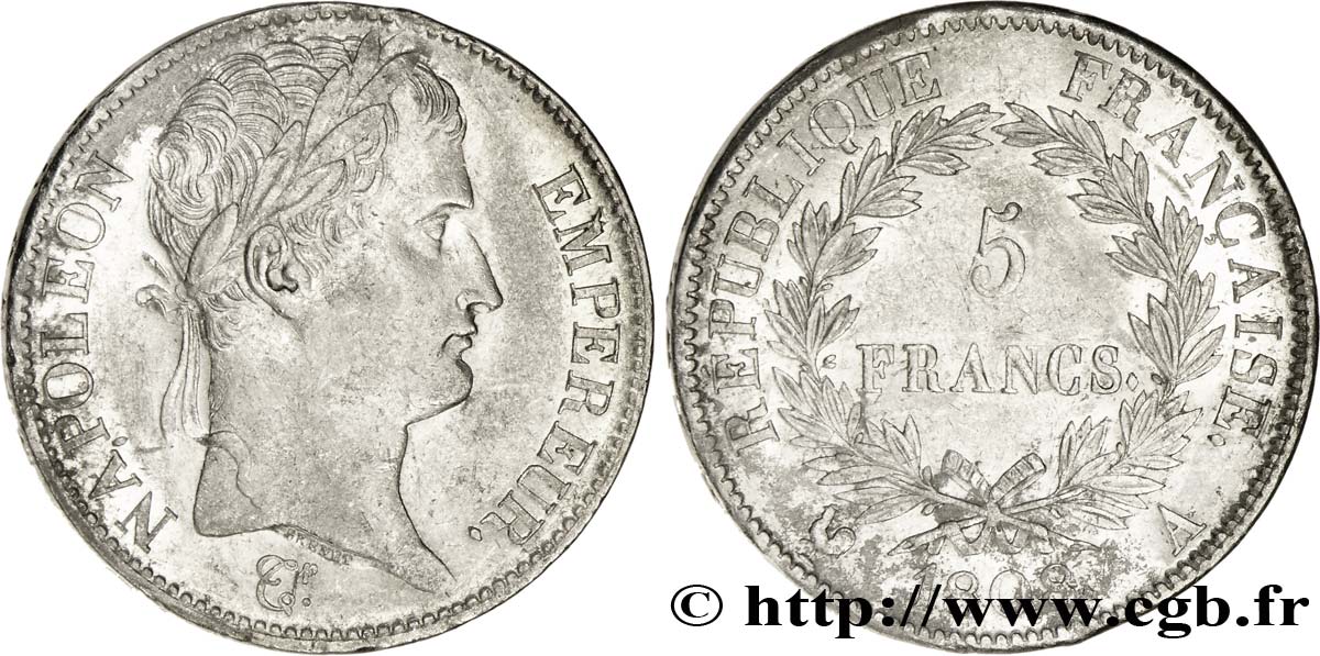5 francs Napoléon Empereur, République française 1808 Paris F.306/2 TTB50 