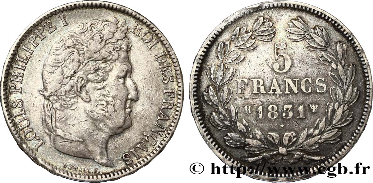 5 francs Ier type Domard, tranche en relief 1831 La Rochelle F.320/5 AU50 