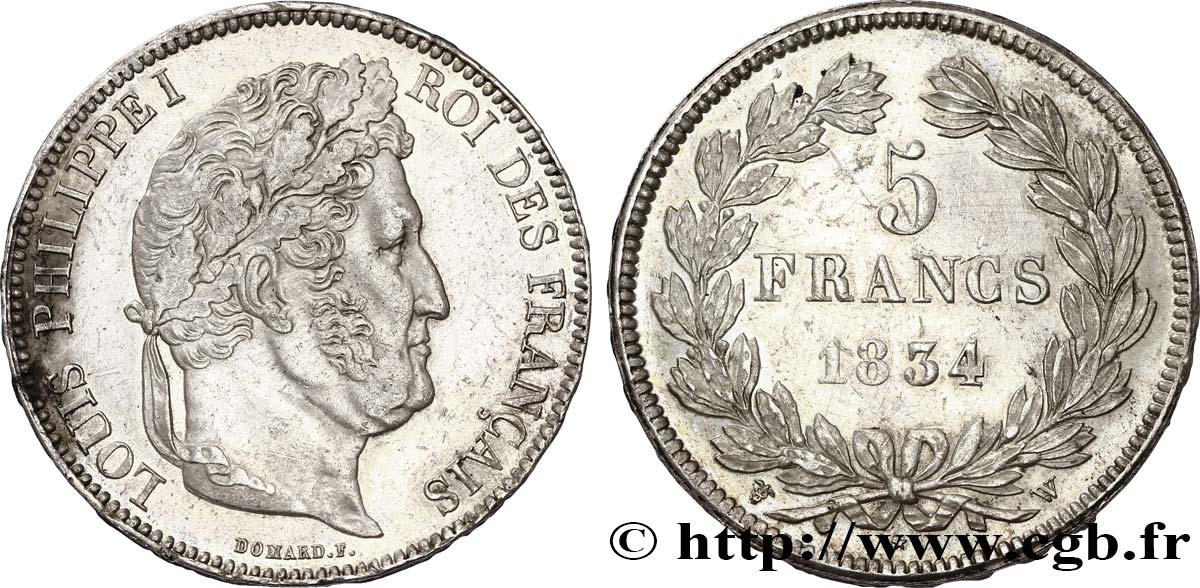 5 francs Ier type Domard, tranche en relief 1834 Lille F.324/41 TTB48