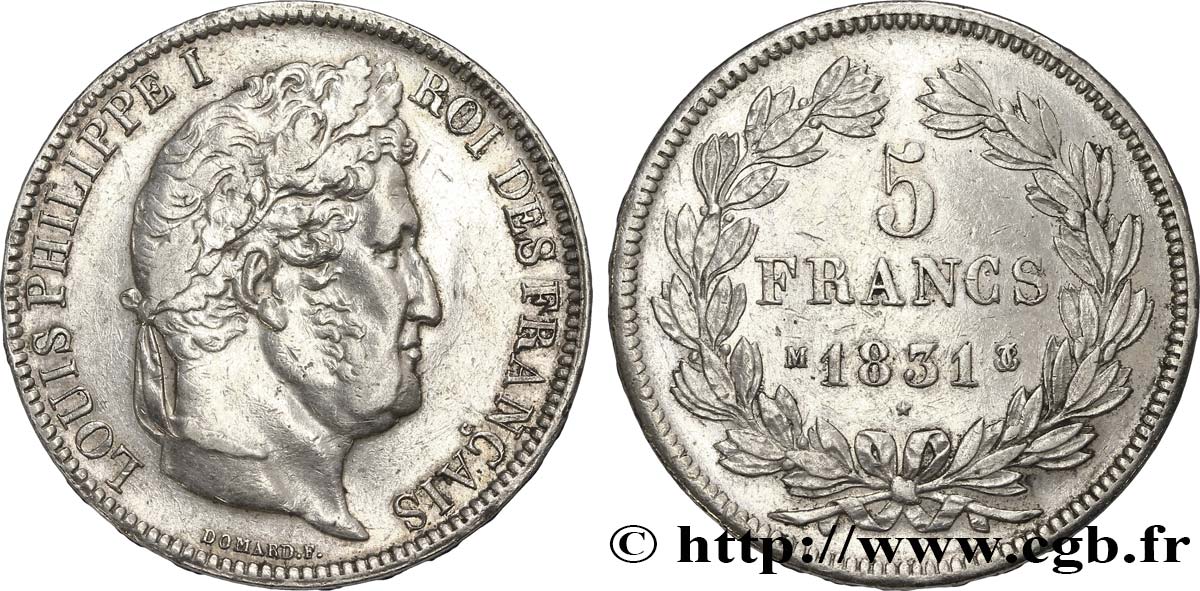 5 francs Ier type Domard, tranche en relief 1831 Toulouse F.320/9 XF40 