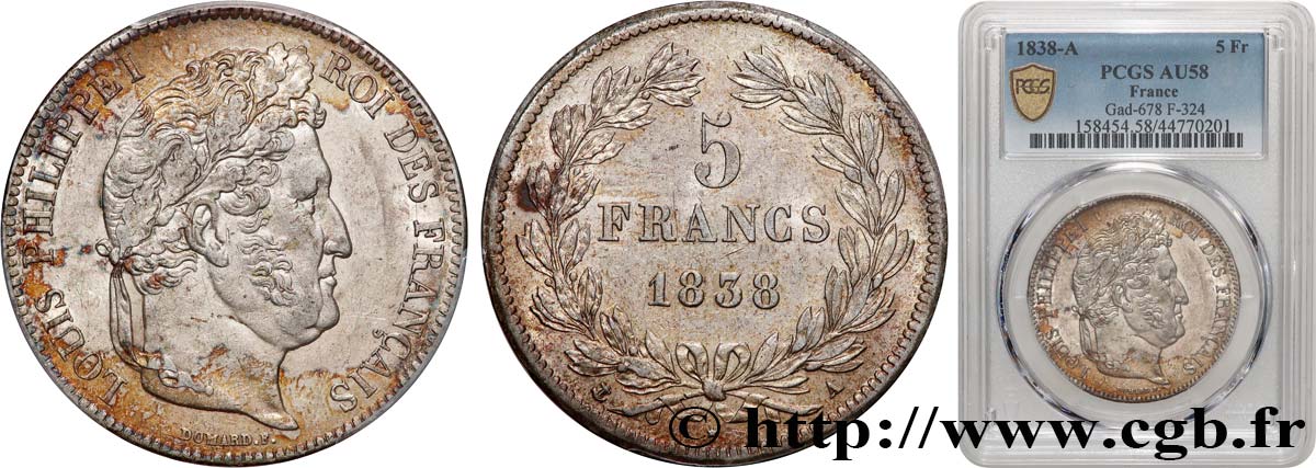 5 francs IIe type Domard 1838 Paris F.324/68 AU58 PCGS