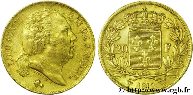 20 francs or Louis XVIII, tête nue, désaxé 1818 Lille F.519/14 XF48 