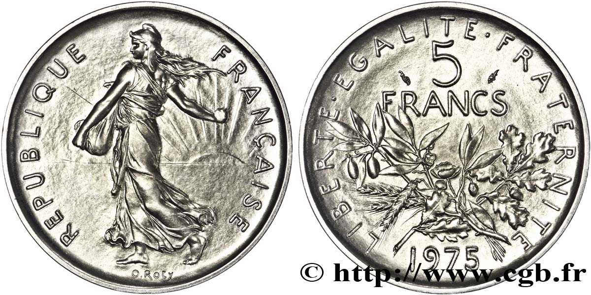 Piéfort Cu-Ni de 5 francs Semeuse, nickel 1975 Pessac F.341/7P VZ62