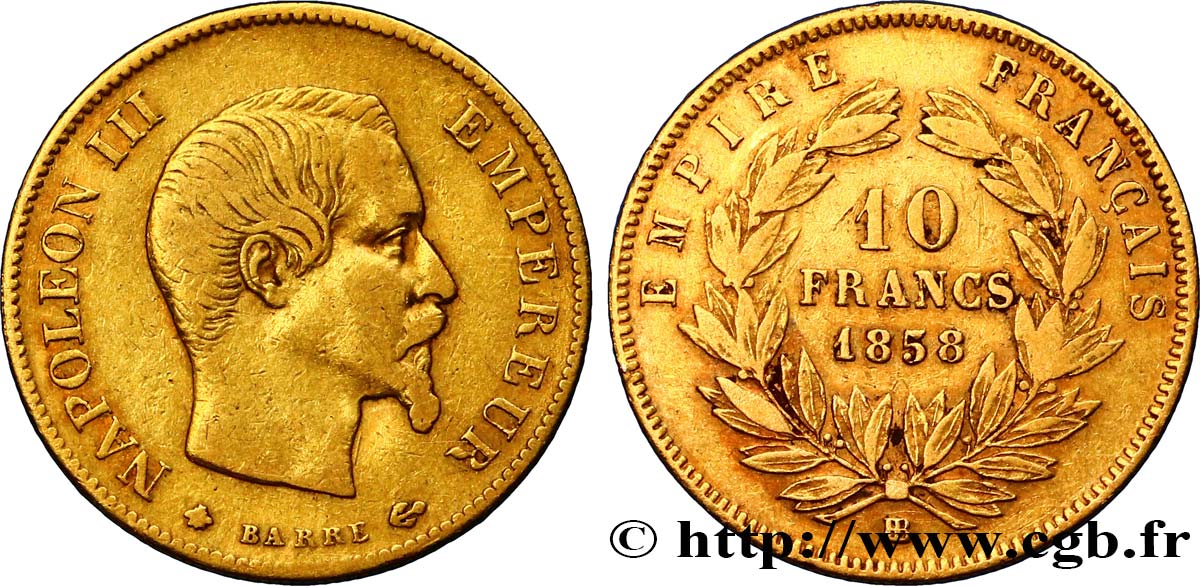 10 francs or Napoléon III, tête nue 1858 Strasbourg F.506/6 TTB45 