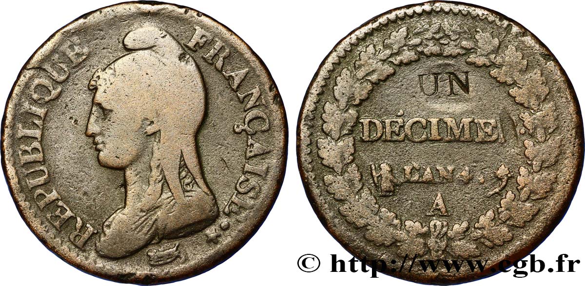Un décime Dupré, modification du 2 décimes 1796 Paris F.127/1 TB25