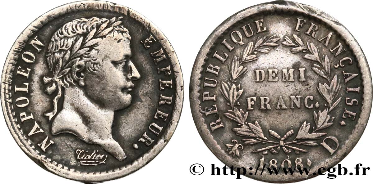 Demi-franc Napoléon Ier tête laurée, République française, buste fin 1808 Lyon F./ XF48 
