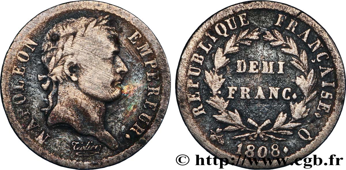 Demi-franc Napoléon Ier tête laurée, République française, buste fin 1808 Perpignan F.177/13 VF25 