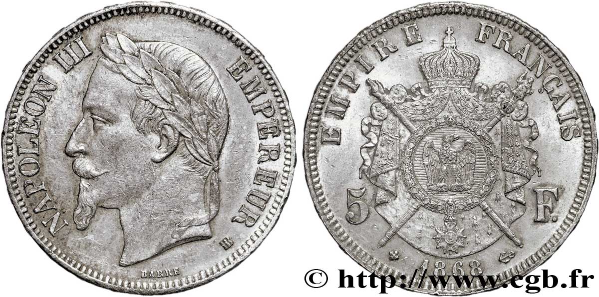 5 francs Napoléon III, tête laurée 1868 Strasbourg F.331/13 AU54 