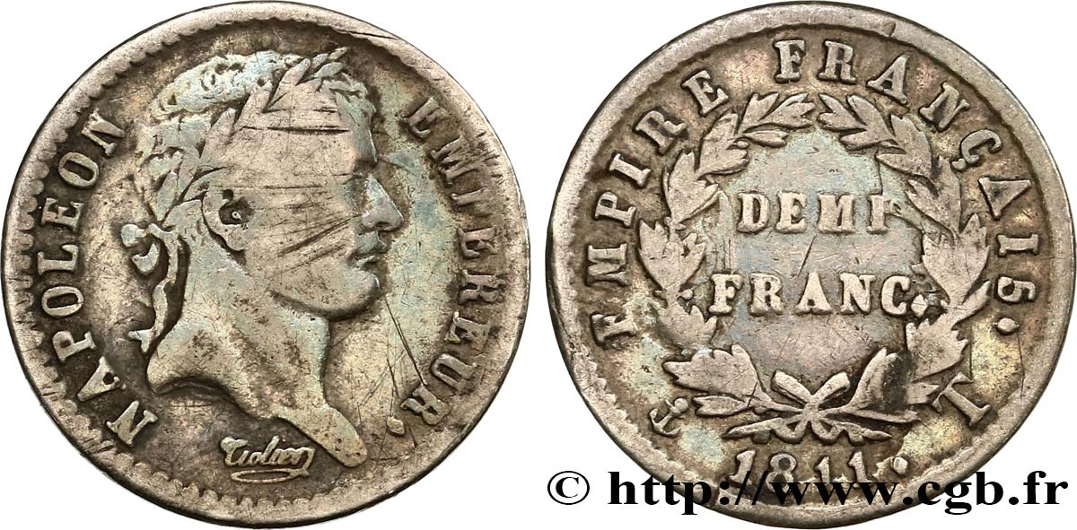 Demi-franc Napoléon Ier tête laurée, Empire français 1811 Nantes F.178/32 TB28 