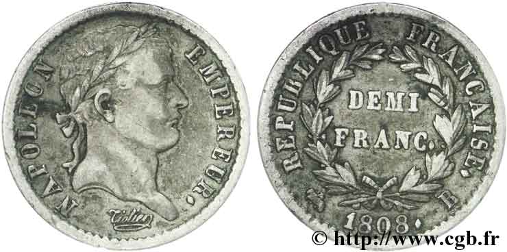 Demi-franc Napoléon Ier tête laurée, République française, buste fin 1808 Rouen F.177/3 TTB42 