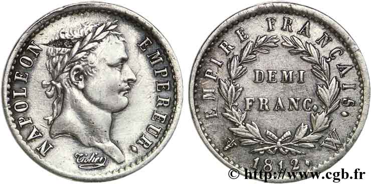 Demi-franc Napoléon Ier tête laurée, Empire français 1812 Lille F.178/48 TTB45 