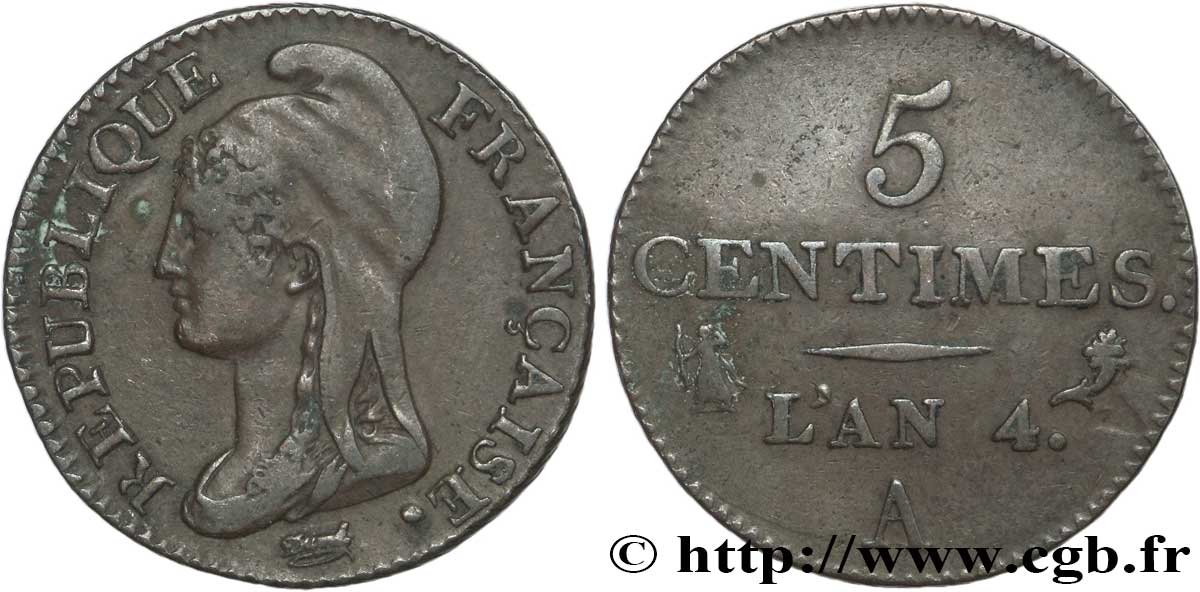 5 centimes Dupré, petit module 1796 Paris F.113/1 AU50 