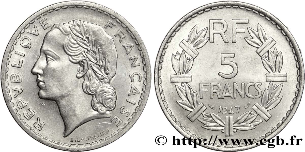 5 francs Lavrillier, aluminium 1947 F.339/9 SPL63