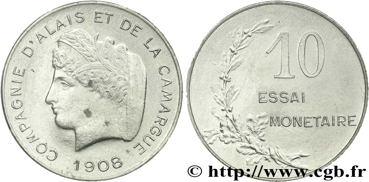 Essai en aluminium de 10 centimes, Compagnie d’Alais et de la Camargue 1908  VG.4612  MS60 