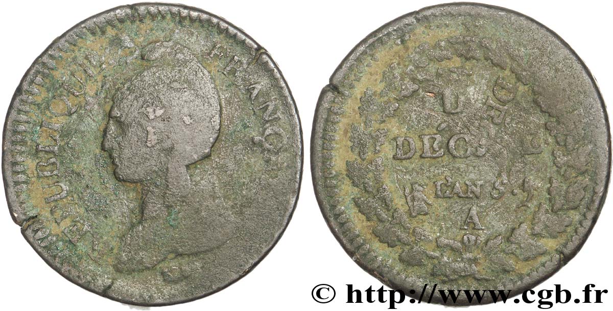 Un décime Dupré, grand module, refrappage du 2 décimes 1797 Paris F.128/1 TB18