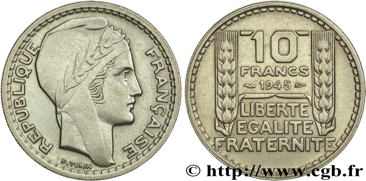 10 francs Turin, grosse tête, rameaux courts 1945  F.361A/1 AU 