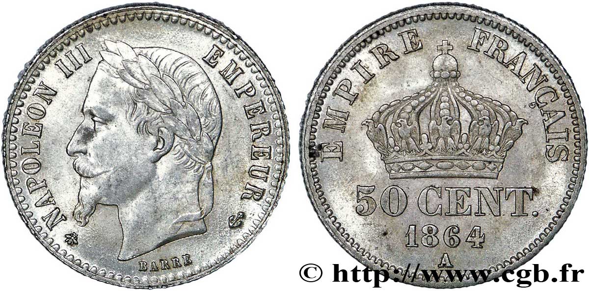 50 centimes Napoléon III, tête laurée 1864 Paris F.188/2 VZ58 