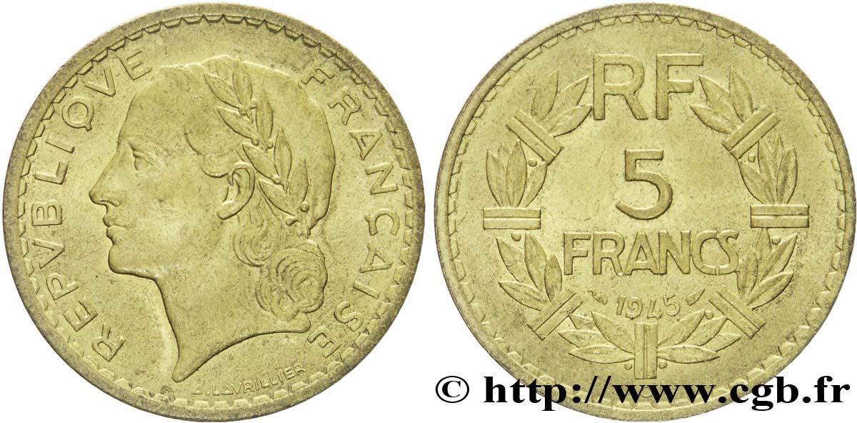 5 francs Lavrillier, bronze-aluminium 1945 Castelsarrasin F.337/6 SUP56 