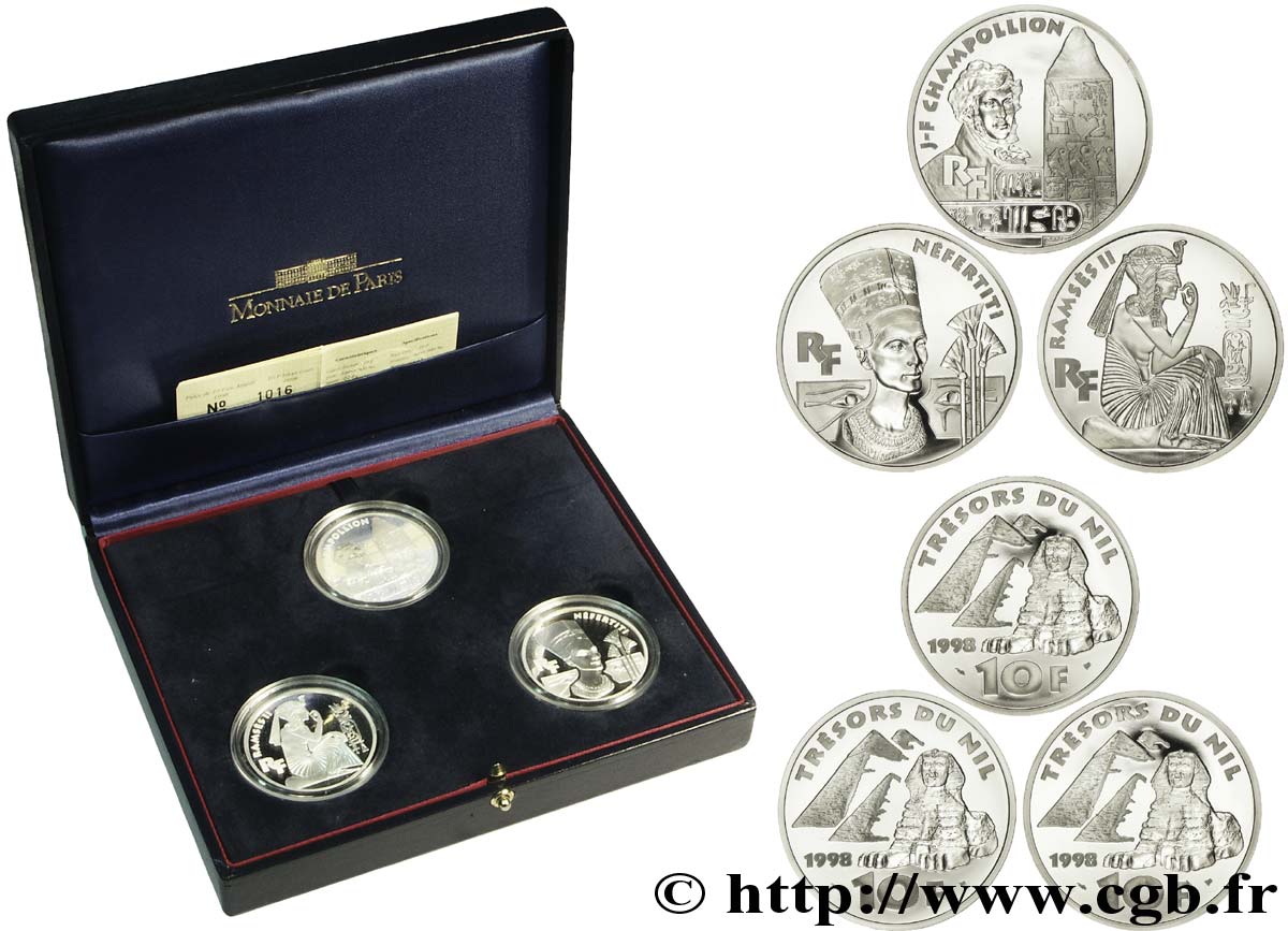 Coffret Belle Epreuve des trois pièces de 10 Francs - Trésors du Nil 1998  F.1314 1 ST 