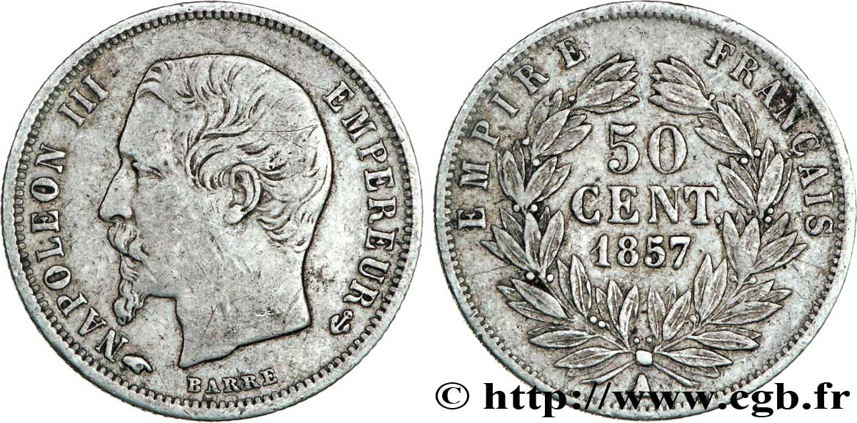 50 centimes Napoléon III, tête nue 1857 Paris F.187/8 S30