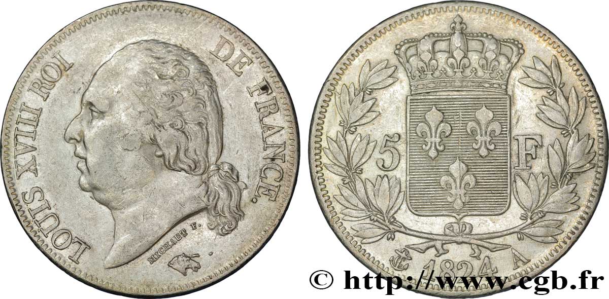5 francs Louis XVIII, tête nue 1824 Paris F.309/88 XF48