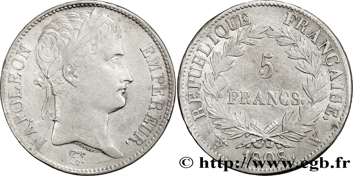 5 francs Napoléon Empereur, République française 1808 Lille F.306/15 TTB48 
