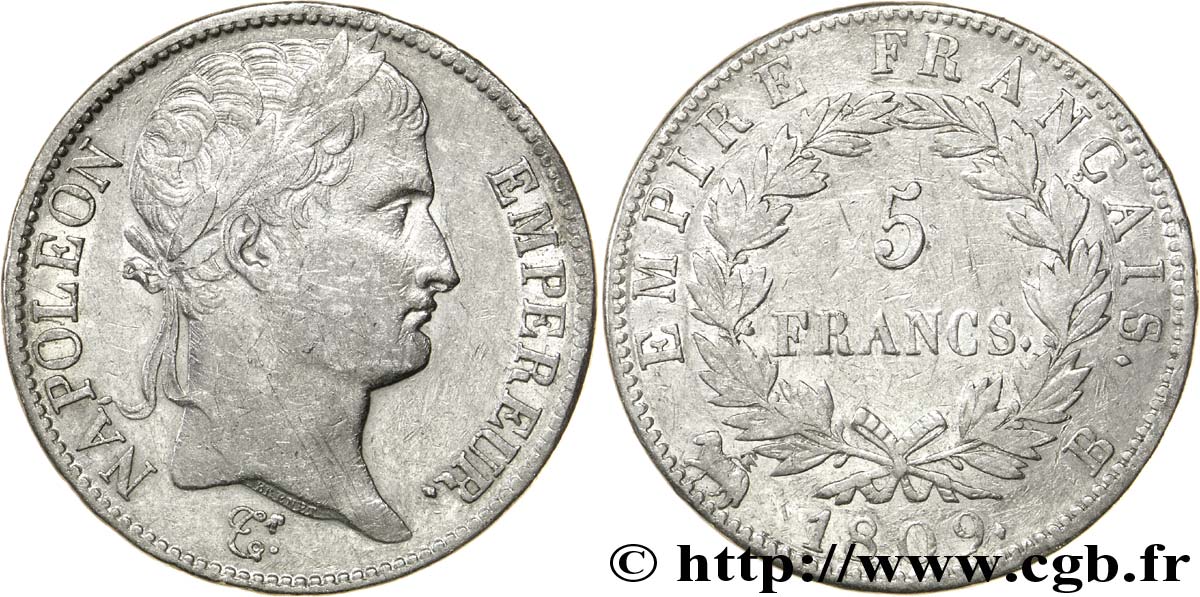 5 francs Napoléon Empereur, Empire français 1809 Rouen F.307/2 XF45 