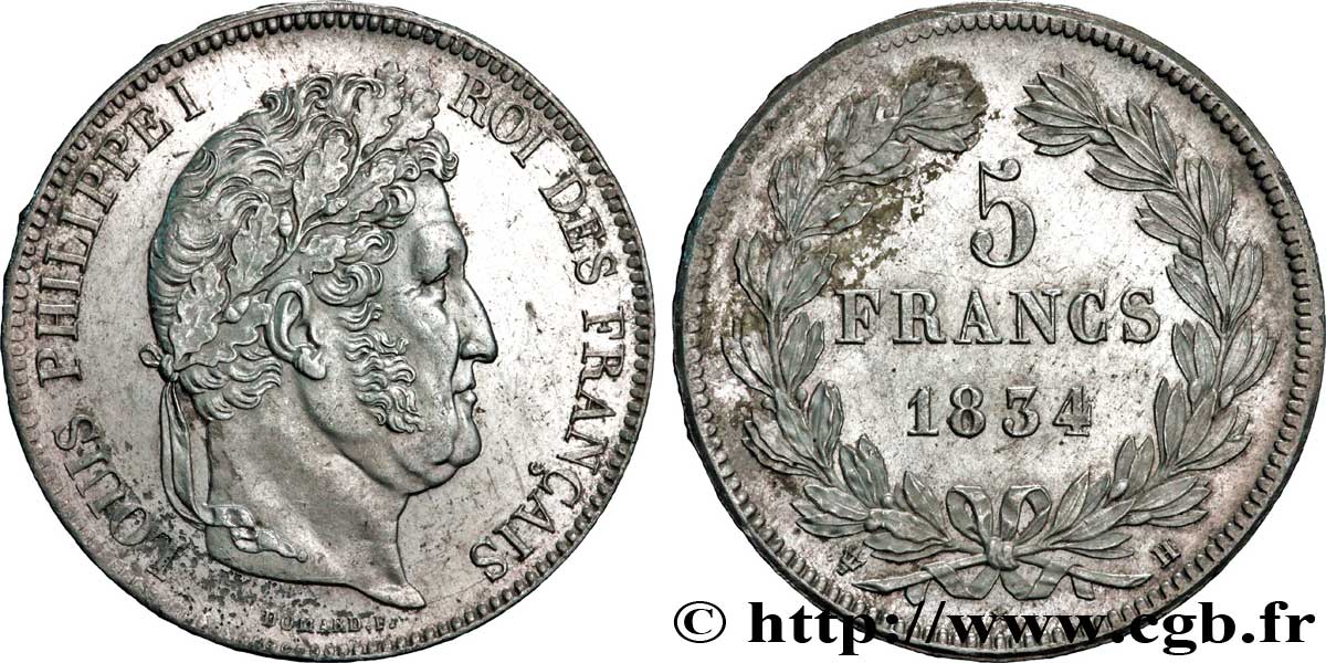 5 francs IIe type Domard 1834 La Rochelle F.324/33 TTB53 