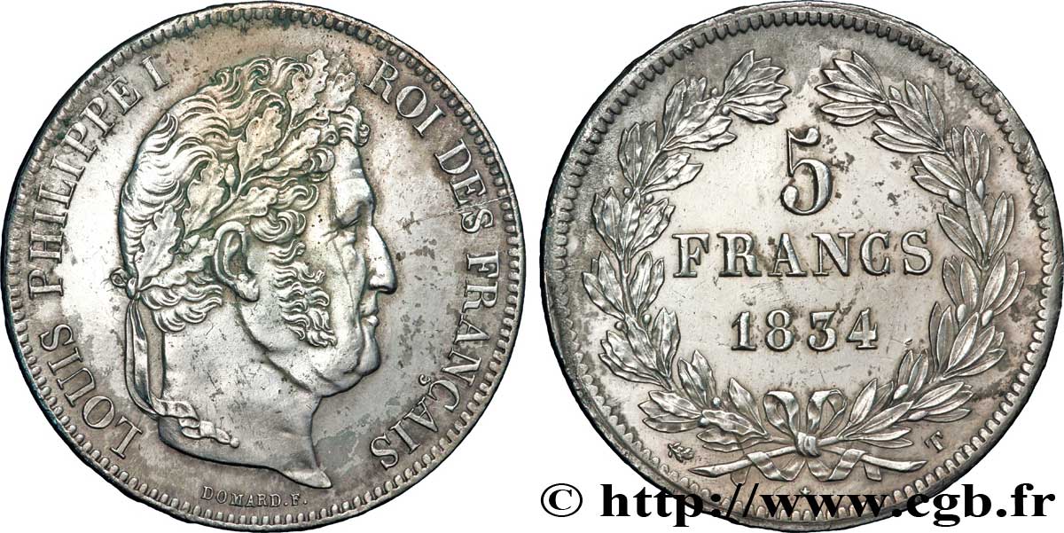 5 francs IIe type Domard 1834 Nantes F.324/40 AU52 