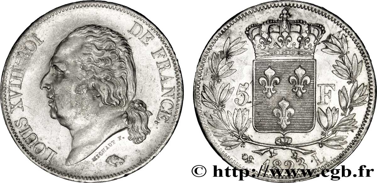 5 francs Louis XVIII, tête nue 1823 Bayonne F.309/83 TTB50 